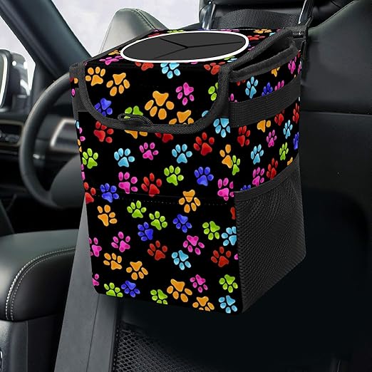 Paws Cat and Dog Print Car Trash Can with Lid Collapsible Reusable Waterproof Car Garage Bag,Automotive Garbage Can,Car Accessories Interior Car Organizer