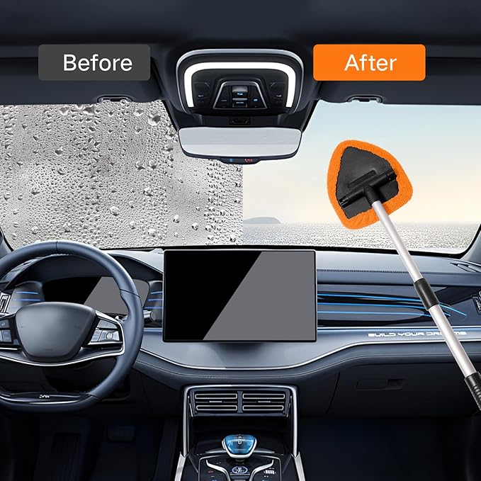 Qydipclin 10pcs Windshield Cleaning Tool Inside Car Window Cleaner Wash Kit with 4 Reusable Microfiber Pads 1 Spray Bottle and Extendable Handle Interior Auto Glass Wiper Kit, Orange