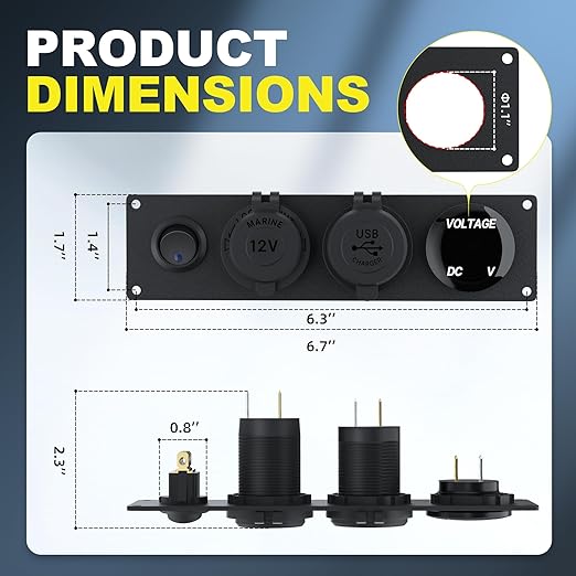 RVMARINEPAT 4 in 1 Charger Outlet Socket Panel 12V DC 4.8A Dual USB Power Outlet & 12 Volt Cigarette Lighter Socket & LED Voltmeter & Lighted ON/Off Rocker Toggle Switch for Marine Boat Truck RV Car