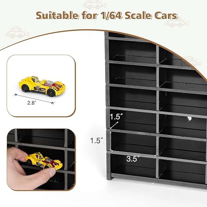 Toy Car Storage Display Case, 72 Slots Model Car Display Shelf for 1/64 Scale Toy Cars, Wall Mount Organizer Rack for Diecast Models (Black)