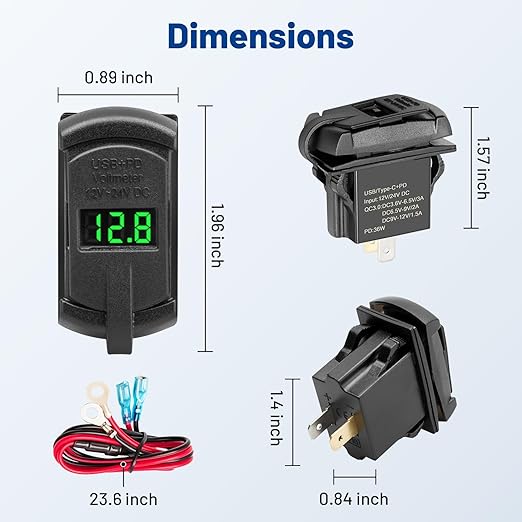Anina USB C Rocker Switch Insert 12V 24V 30W USB A PD Outlet Socket with LED Voltage Display 18W QC 3.0 Charger Replacement for Marine Cars Truck Van Boat RV Motorcycle ATV