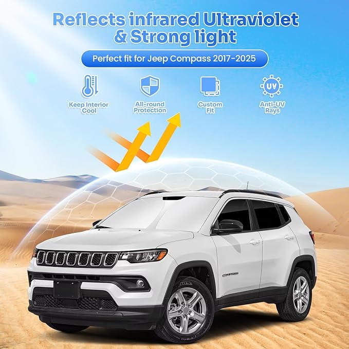 Canvcle Window Shades for 2017-2025 Jeep Compass Accessories Windshield Sun Shade Side Rear Window Covers Sunshade Sun Visor Shield Privacy Protection for Camping Keep Vehicle Cool Black 8PCS