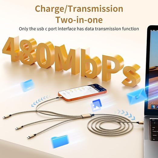 Travel Essentials, Dual Type-C 4 in 1 Charging Cable 2 Pack 5FT Multi Charging Cables for All Devices,iPhone Charger Cord Adapter 2 USB-C/IP/Micro Port for Phones,Pad,Galaxy (Gold)