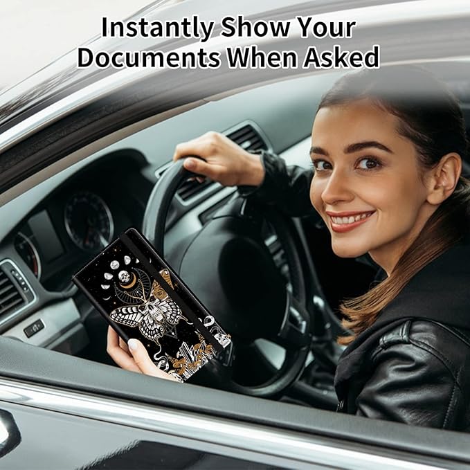 Car Registration and Insurance Card Holder, Premium PU Leather Vehicle Wallet Cover for Glove Box Car Organizer Drivers License / Cards / ID Essentials Document Holder, Skull Butterfly Moon Phase