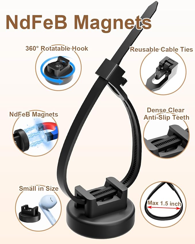 15 PCS Magnetic Zip Tie Mounts, Black Magnetic Wire Holder Multipurpose & Releasable Nylon Cable Ties & Cable Tie Mounts Base and Tapping Screws for Car and Office Supplies(85 Pcs 22mm)
