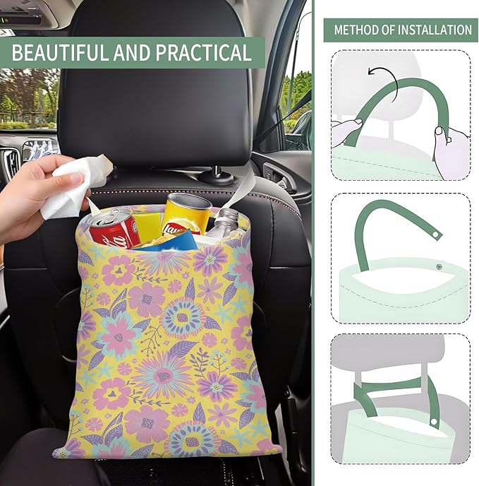 Cute Car Trash Can, Hanging Canvas Car Back Seat Organizer and Storage Bag, Funny Car Trash Bag for Travelling, Outdoor Cute Yellow Purple Daisy