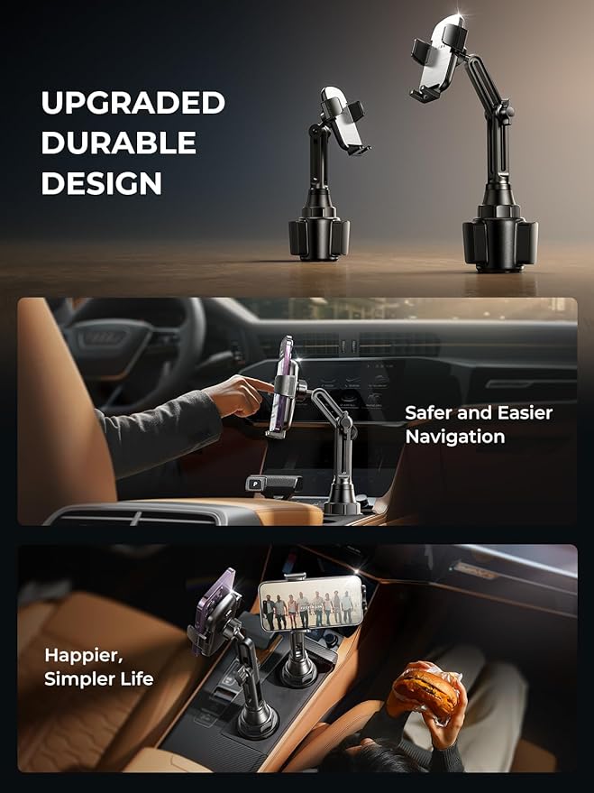 LISEN Cup Phone Holder for Car [Upgraded Version] Long Neck 360° Adjustable Car Accessories for Women Thick Cases Friendly for iPhone 17 16 15 14 13 Pro Max Samsung S25 All 4-7'' Phone, Silver