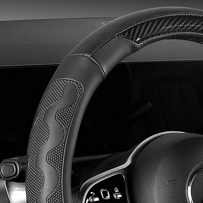 SEG Direct Car Steering Wheel Cover Large Size for F150 F250 F350 Ram 4Runner Tacoma Tundra Range Rover 15 1/2"-16" Embossed Microfiber Leather with Carbon Fiber Pattern Black