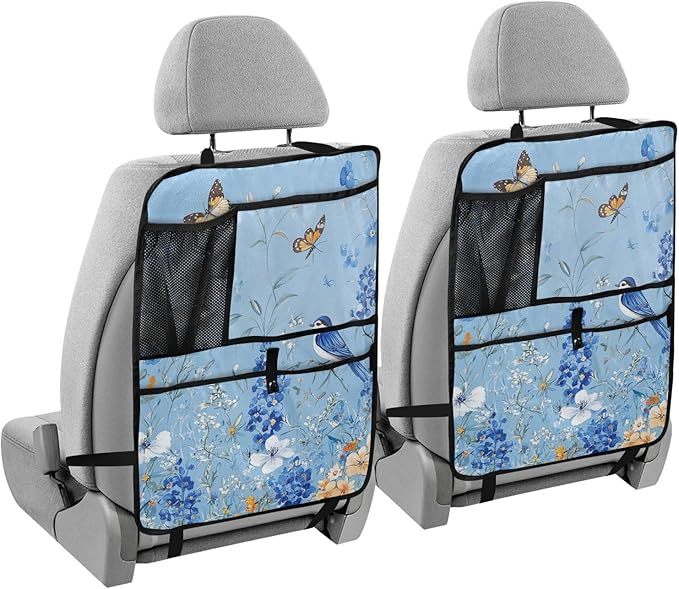 Light Blue Floral Bluebonnet Butterflies 2 Pack Backseat Car Organizer with Storage Pockets Seat Back Organizers for Kids Kick Mats Backseat Protector Automotive