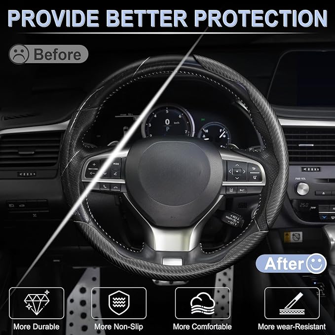 Amiss 3pcs Carbon Fiber Anti-Skid Steering Wheel Cover, Waterproof & Segmented Butterfly Design, Universal 99% Vehicle Wheel Cover Protector, Car Interior Accessories (Black-3pcs)