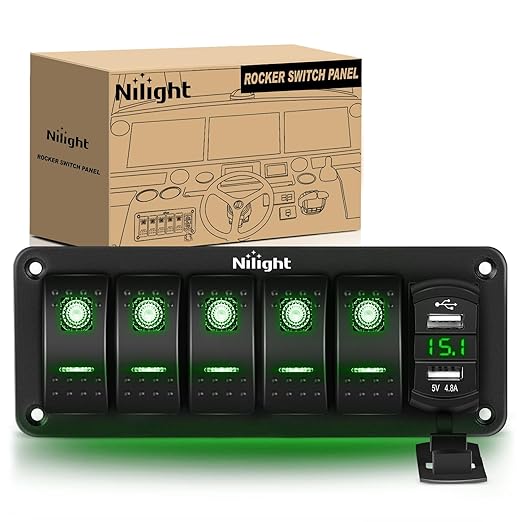 Nilight 5 Gang Rocker Switch Panel Green Backlit with 4.8 Amp Dual USB Charger Voltmeter Waterproof 12V 24V DC Night Glow Stickers for Car Trucks Boats RVs