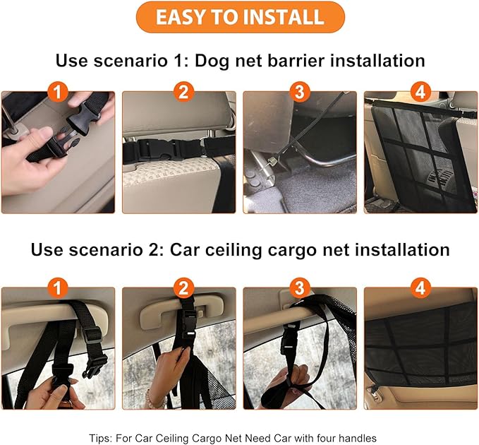 Dog Car Net Barrier,Universal Fit Sturdy Double-Layer Mesh 31.5"x23.6" Car Ceiling Cargo Net Pocket with Flexible Bungee Cords for Seat Movement Easy to Install