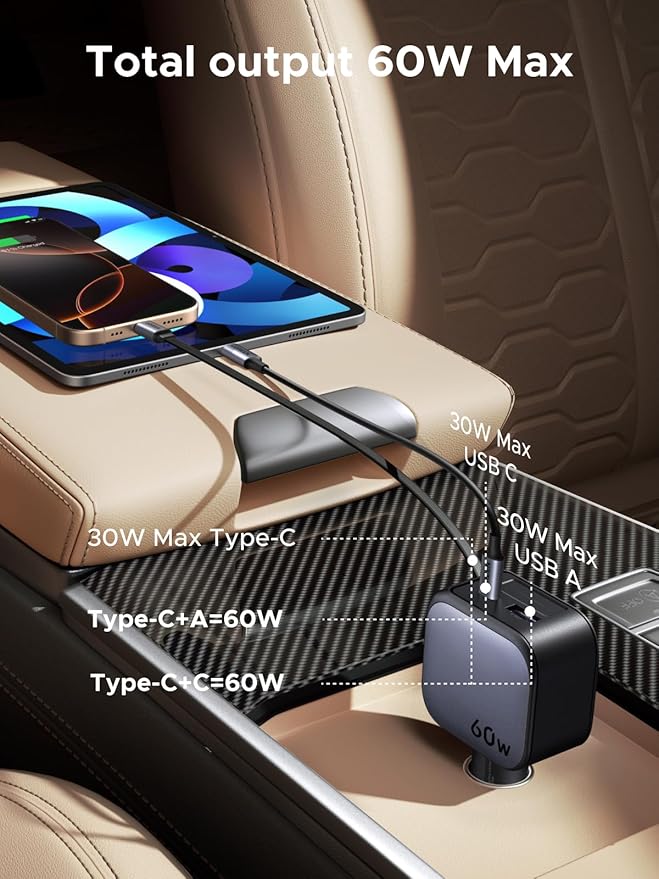 UGREEN 60W 2C1A Car Charger with Retractable Cable, 3-Port Fast Charger with 30W PD USB-C, USB-A, Cigarette Lighter Adapter for iPhone 17/16/15, Galaxy S25/S24, iPad, GPS, 12V Car Accessories