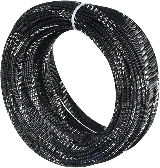 Aicosineg 32.81ft PET Flexible Braided Cable Sleeve 0.44inch Width Wire Loom Sleeving and Organizer Flexible Wire Mesh Sleeve Wrap Protector for TV Audio PC Cords from Pets Chewing Black and Silver