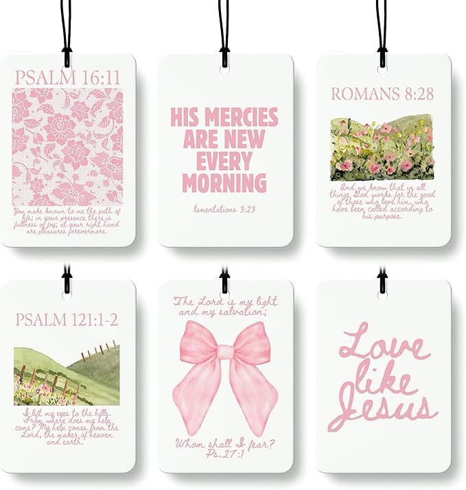Pink Christian Car Air Freshener 6 Pcs, Pink Bow Flower Religious Bible Verse Hanging Air Freshener for Cars Closet Drawer Books, Christian Girly Car Accessories Mirror Decor for Women