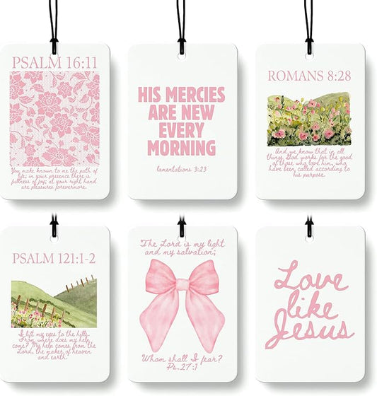 Pink Christian Car Air Freshener 6 Pcs, Pink Bow Flower Religious Bible Verse Hanging Air Freshener for Cars Closet Drawer Books, Christian Girly Car Accessories Mirror Decor for Women