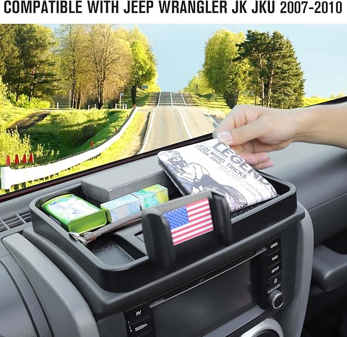 Jimen Compatible with Jeep Wrangler JK JKU 2007-2010, Cell Phone Holder Mount Dashboard Organizer Storage Tray