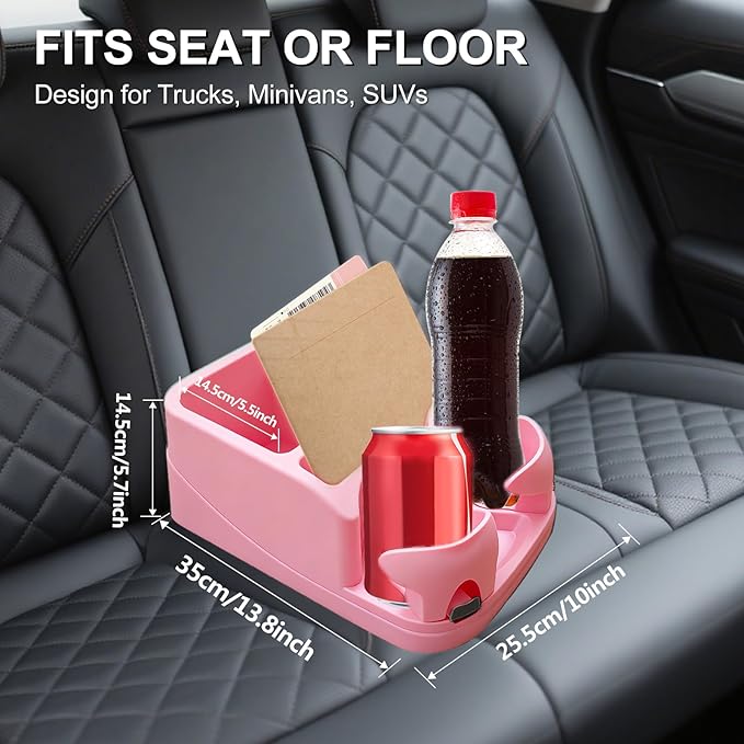 Car Center Console with Adjustable Cup Holders, Universal Center Console Organizer for Truck, Cars, Minivans, Suvs, Truck Floor Console, Bench Seat Center Console (Pink)