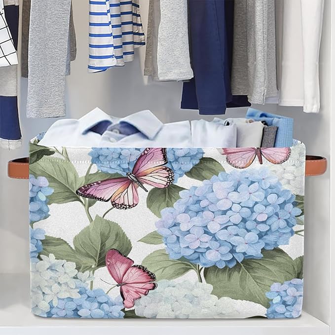 Blue Hydrangea Flowers Storage Baskets for Organizing, Fabric Collapsible Storage Bins Box Pink Butterfly Decorative Toy Organizer Baskets for Closet Shelves Gift Basket 2Pcs