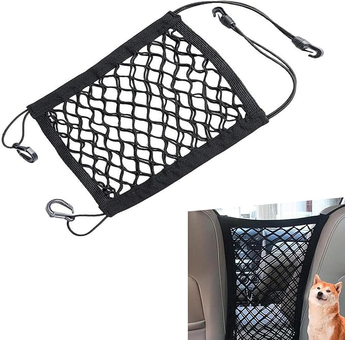 Car Pet Barrier Net, Double-layer Coarse Mesh Partition Between Front Seats, 11.4" x 10.2" Rear Seat Mesh Barrier with Storage, Universal for Most Cars, Trucks, SUVs (Black)
