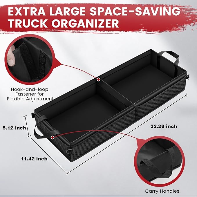 Under Seat Truck Organizer Storage Box with 1 Removable Divider & 5 Storage Mesh Bag, Collapsible Trunk Organizer for Car, SUV, Truck, or Van(Full Size Trucks) Two large storage compartments