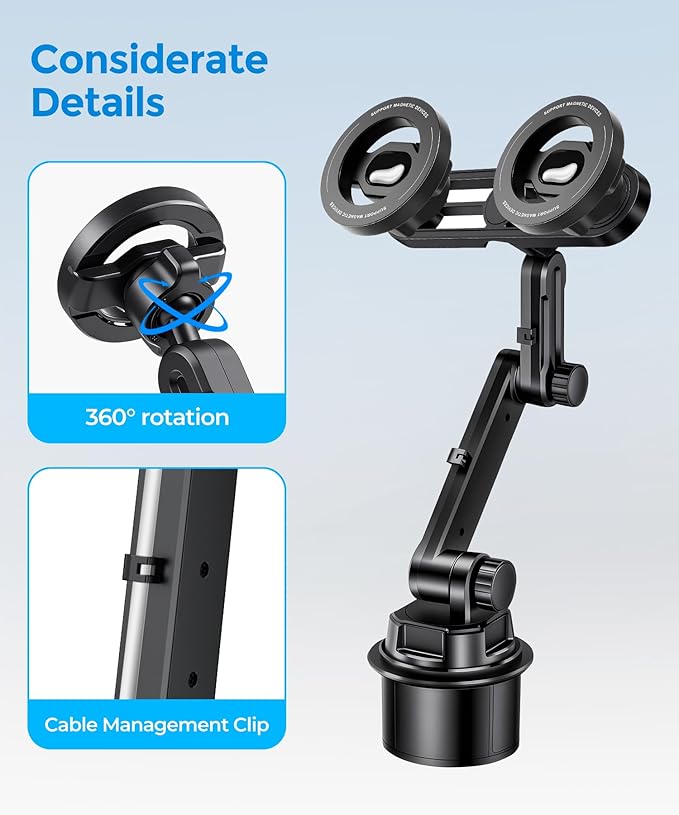 Dual Car Cup Phone Holder - Holds 2 Phones Simultaneously, 1-Second Grab & Release, 360° Rotatable, car Phone Mount Compatible with MagSafe，Fits iPhone/Samsung & 4.0-7.0 Inch Smartphones