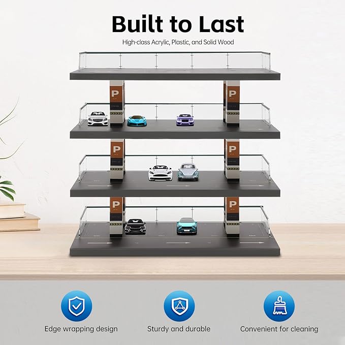 4-Tier 1:64 Die-Cast Car Display Case – Clear Acrylic Parking Garage Style Toy Car Organizer with Solid Wood Base, Dust-Proof Display Shelf for Miniature Car Collectors & Kids' Gifts