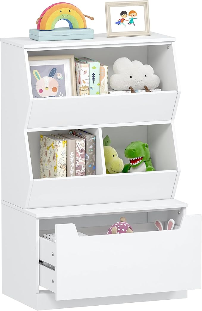 UTEX Kids Toy Storage Organizer, Bookshelf for Kids and Bookcase with Drawer, Children Open Storage Cubby for Bedroom Playroom Nursery White