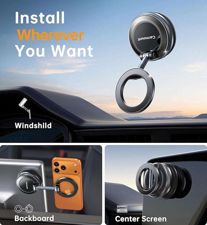 for Magsafe Car Mount carmount 2.0 Magnetic Phone Mount【Movable Vacuum Suction】Vacuum Magnetic Phone Holder for Car Tripod Camera Shoe Cell Phone Car Mount Gym Mirror Mount for iPhone 17 16 15 Pro Max