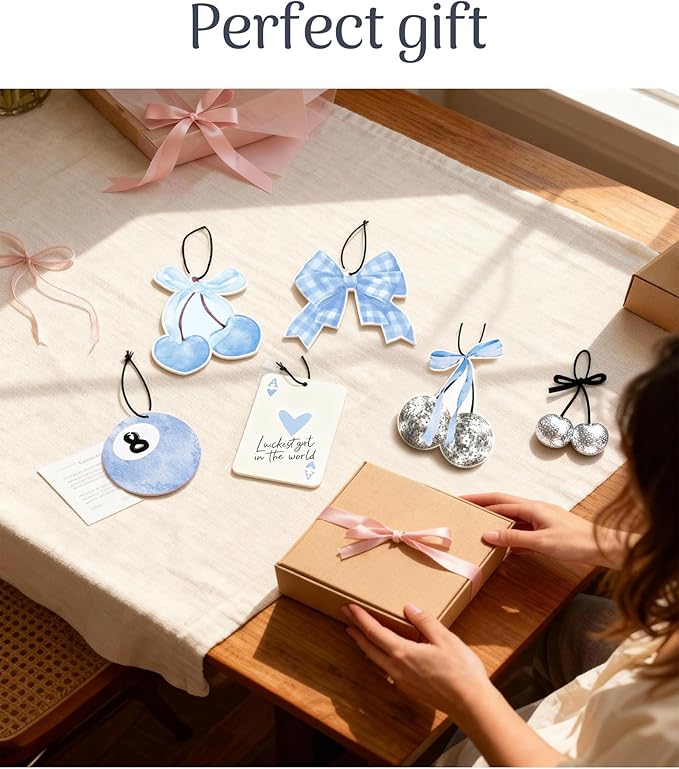 Coquette Girly 5pcs Car Air Freshener Cute Blue Bow Cherry Automotive Accessories Car Interior Hanging Scents Decor for Women Teen Girls