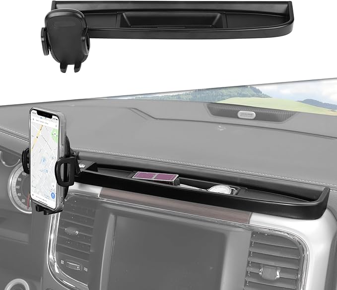 JeCar Dash Phone Holder Dashboard Cellphone Clamp Upgrade Aluminum Alloy Ball Mount with Storage Tray Interior Accessories Compatible with RAM Truck 2012-2017