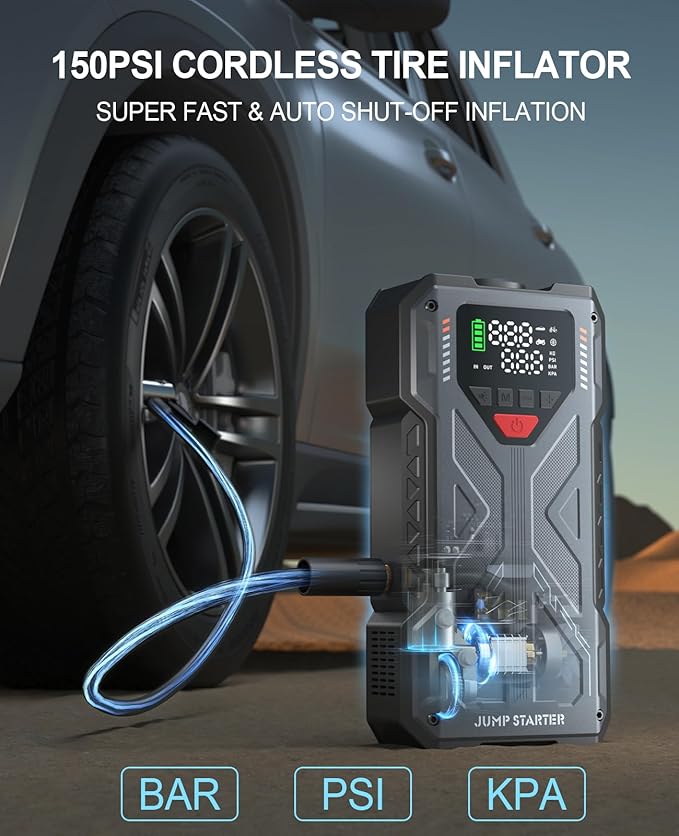 Car Battery Jump Starter with Air Compressor Portable, 150PSI 4000A Jump Starter Jumper Box for Car Battery Portable Jumper Cables(9.0 Gas/8.0L Diesel), Power Pack with Light, Compact Emergency Kit