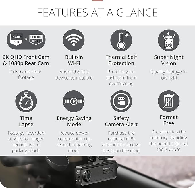 THINKWARE Q200 Dash Cam Car Dashboard Camera, WiFi, WDR, Speed Red Light Alerts, ADAS, 256GB Max, Parking Monitor, Night Vision (32GB MicroSD, 12V Cigar, Hardwiring Cable) (2CH Front & Rear)