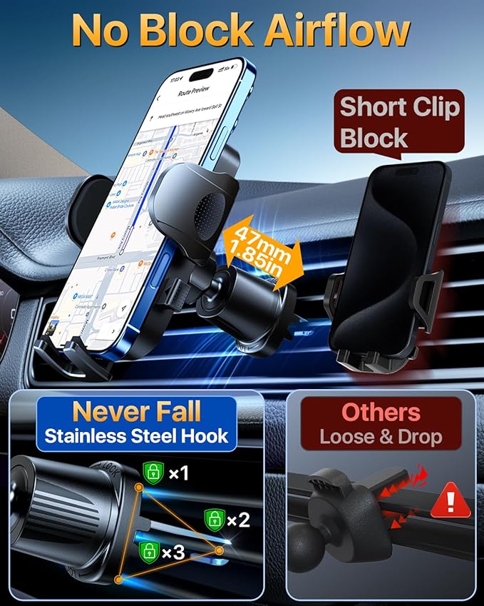 Military-Grade Anti-Shake & 360° Rotatable Suction 2026 Upgraded Car Phone Holder Mount 90+LBS Safest Strongest & Patent Certs Dashboard Windshield Vent for iPhone 17 16 Pro Max Samsung,Gloss Black