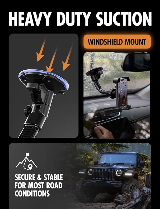 ToughTested Mammoth Truck Windshield Phone Mount, Vibration Absorbing Car Phone holder with One-hand Quick Release, Double-ribbed Gooseneck, Expandable Claw Grip, 360 rotation, Extra Large Suction Cup