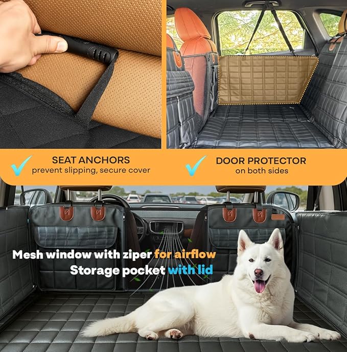 APetsPlanet Backseat Extender for Dogs, Dog Seat Cover Hard Bottom for Car Backseat & Truck Travel Bed, Platform Hammock Mat Converts Rear Seat Into Backseat Bed, Black Leather with Door Covers