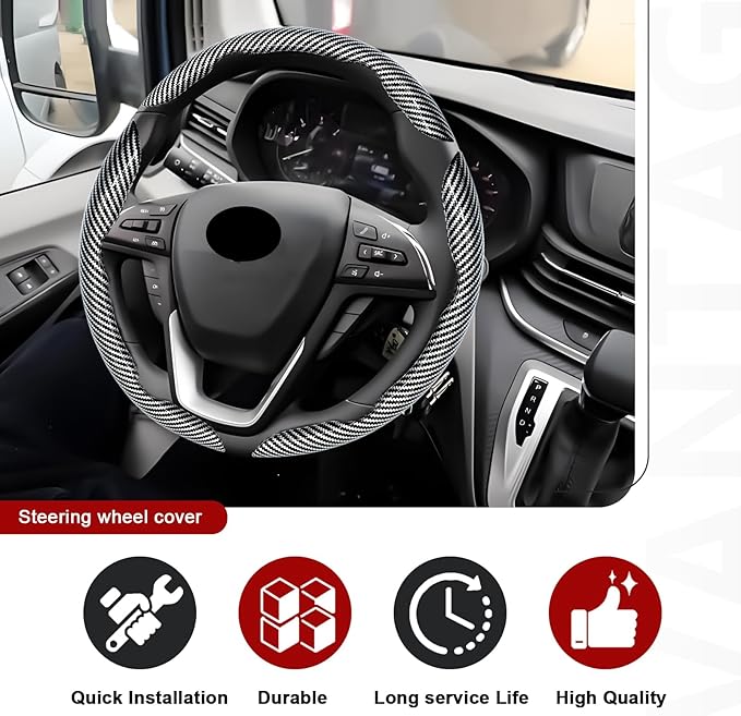 3pcs Universal Carbon Fiber Steering Wheel Cover - Anti-Slip & Segmented Design, Universal 99% Durable Steering Wheel Protector for Men and Women, Car Interior Accessory (Silver)