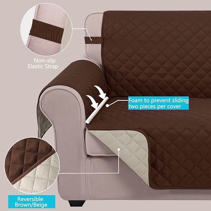 U-NICE HOME Loveseat Sofa Cover Reversible Couch Cover for Dogs with Elastic Straps Water Resistant Furniture Protector for Pets Couch Cover for 2 Cushion Couch (Loveseat, Brown/Beige)