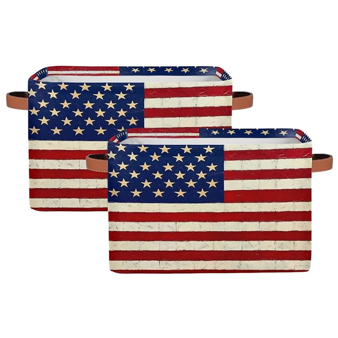 Usa Flag Storage Baskets for Organizing, Fabric Collapsible Storage Bins Box Vintage American Flag Decorative Toy Organizer Baskets for Closet Shelves Gift Basket 2Pcs