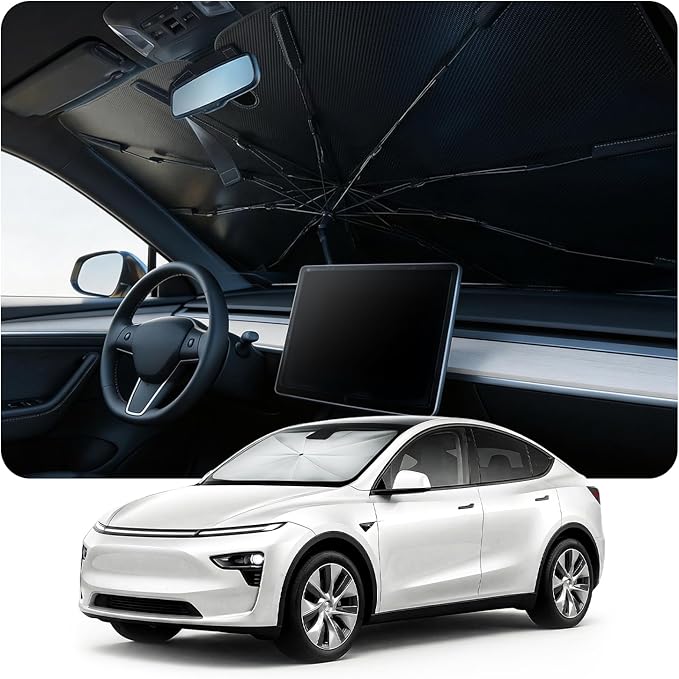 DooGooCoo Windshield Sun Shade Umbrella for Tesla Model 3 & Model Y Accessories 2017-2026, UV Block Model Y Sunshade for Car Windshield, Heat Shield Model 3 Sunshade for Front Windshield Car Shade.