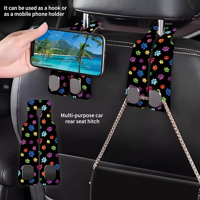 Car Seat Back Storage Headrest Hook, Premium Leather Double Metal Hook, Hanger Storage Organizer for Purse Cloth Bag, Car Interior Accessories Colorful Dog Paws