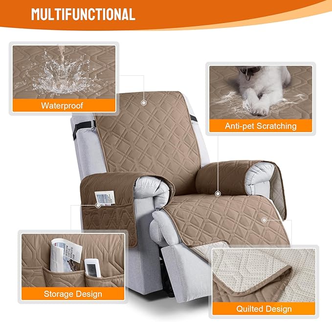 VANSOFY 100% Waterproof Recliner Chair Covers, Recliner Cover Non-Slip Dog Chair Cover Furniture Protector Washable Slipcover with Pocket, Elastic Straps for Pets, Dogs(Light Brown, 25")