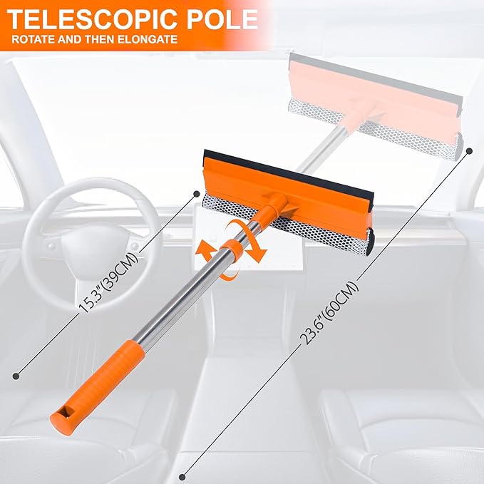 Conliwell 2 in 1 Car Windshield Squeegees with 15.3"-23.6" Retractable Stainless Steel Handle, Auto Glass Wiper Kit, Supplies Suitable for Trucks, SUVs, RVs Window, Orange