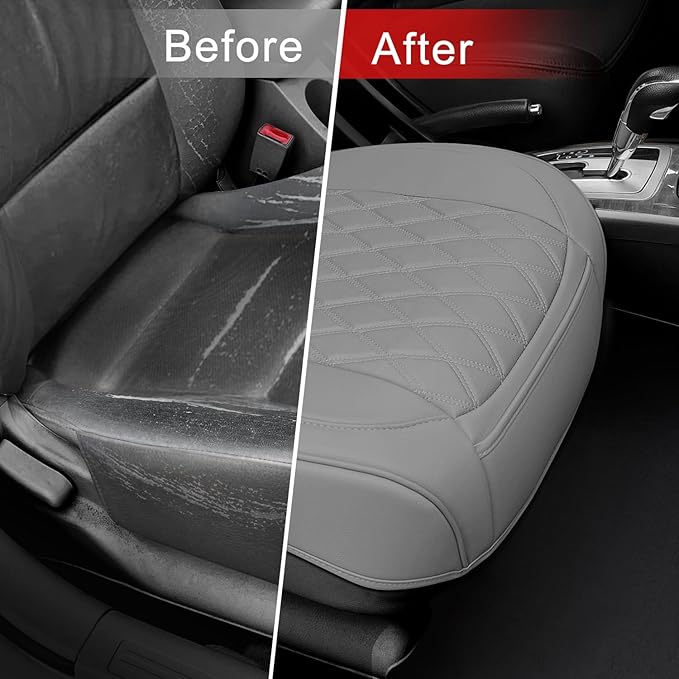 BEITK 1 Pack Leather Front Car Seat Cover Bottom Car Seat, Anti-Slip and Full Wrap Driver Car Seat Protectors, Luxury Waterproof Bottom Auto Seat Cushion Pad Mat for Most Vehicles(Gray)