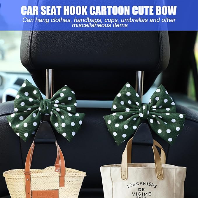 Mandark 2-Piece Car Seat Hooks - Cute Bow Vehicle Hooks for Purses and Bags - Universal Automotive Hanger for SUV, Sedan, Truck (Green/Polka Dot)