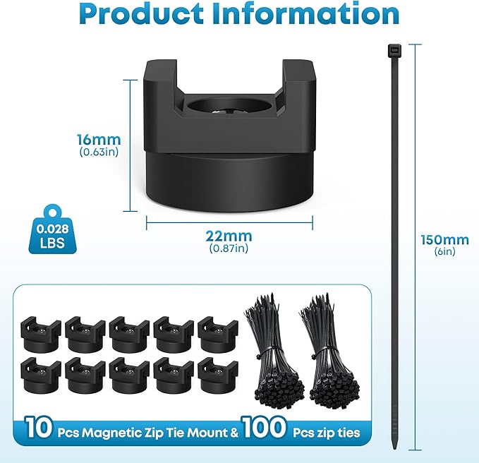 110 Pcs Magnetic Zip Tie Mount Kit(100 zip ties 10 Magnet base) Strong magnetic wire holder, Magnet Cable Tie Clips Holder Wire Management Clips for Home Office Marine Electrical Wiring Organization