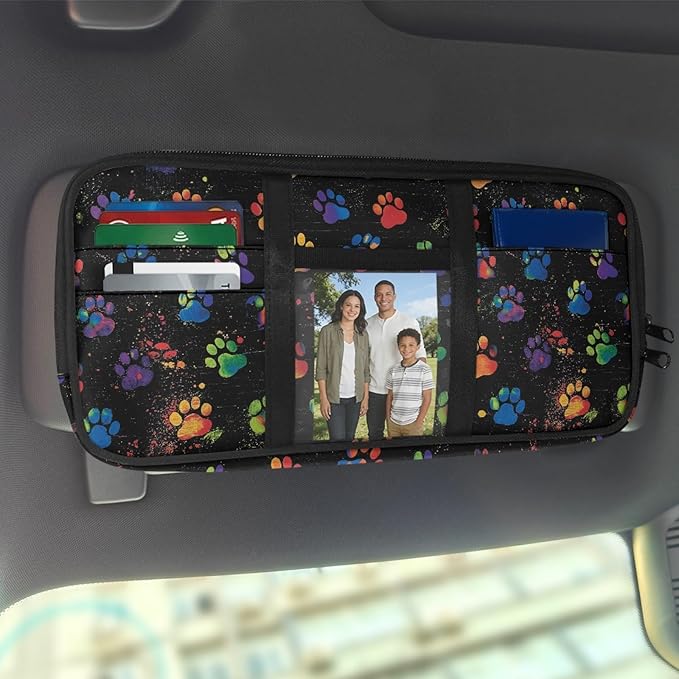 Car Sun Visor Organizer Dog Paw Prints Sun Visor Organizer with Multi-Pocket Card Holder Cars Accessories Easy Installation for Cars, SUVs & Trucks