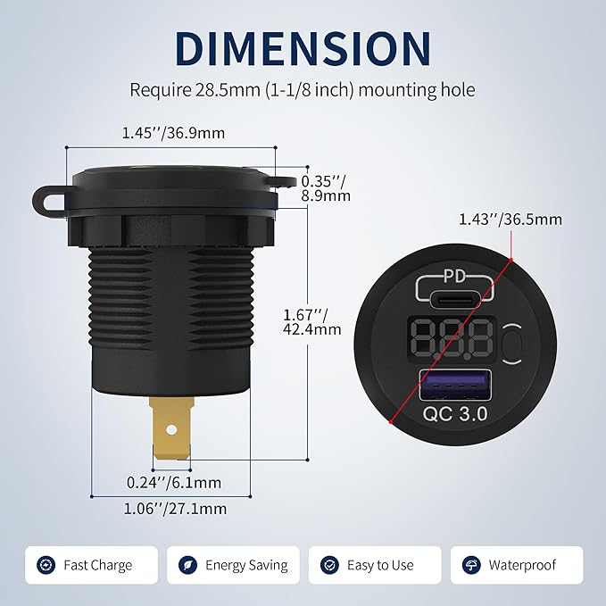 DaierTek 12V USB C Car Charger Socket 3-Pack - 48W PD & QC 3.0 Fast Charging Dual USB Outlet with Voltmeter & ON/Off Switch, Waterproof 12V Charging Port for Car, Marine, Boat, Golf Cart