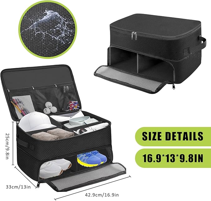 Golf Trunk Organizer, 2 Layer Golf Storage Bag, Waterproof Car Golfer Organizers with Ventilation Compartment for 2 Pairs Shoes, Balls, Clothes, Tees, Gloves, Accessories, Gifts for Men Women