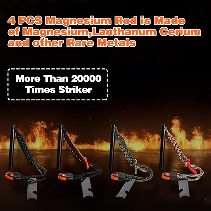 4 Pack Ferro Rod Fire Starter Flint Survival Tool Flint and Steel Fire Starter Kit 6-in-1, Portable Ferro Rod Striker with Paracord Handlead for Campfires Survival Emergency Kit